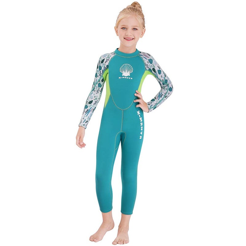 Skyone بدلة غوص كاملة للأطفال من الفتيات والفتيان مصنوعة من النيوبرين الحراري 2.5 مم للأطفال والشباب والمراهقين، بدلة غوص واحدة ذات أكمام طويلة لحماية الشمس للرياضات المائية (فتاة خضراء، م)  - Image 1